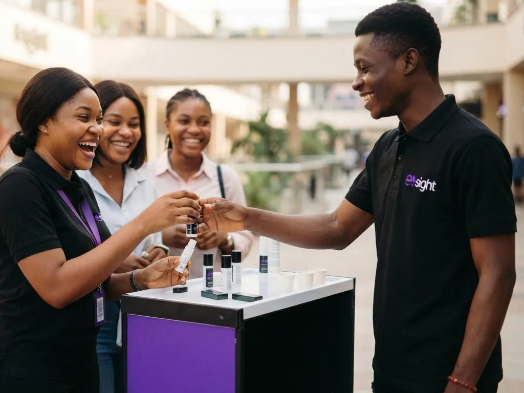 eNsight-branded agents handing out product samples at a mall sampling stand