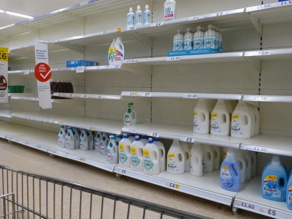 A retail shelf with most facings empty